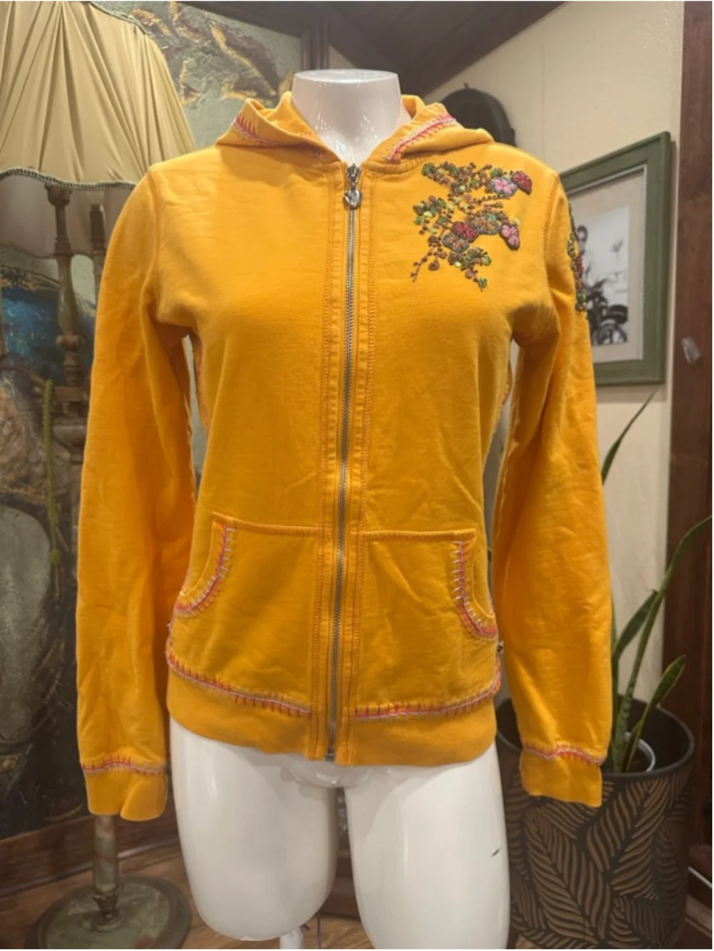 Twisted Heart America Yellow Beaded Embroidered Hoodie Boho Stitch Y2K - Picture 4 of 11